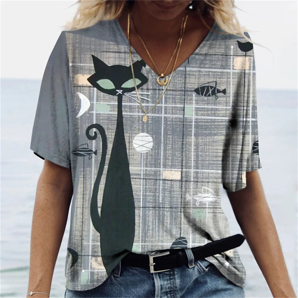 No-EN-Name-Null Women Knit V-Neck Medium Length Cute Cartoon Anime Cat Shaped Stretchable Cotton-Lycra Short Sleeved T-Shirts/Sizes: S-2XL/Colors-Green/Gray/Animal/Checkered/Floral