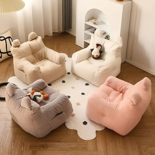 No-EN-Name-Null  Kids Modern Frameless Upholstered Padded Soft Fleece White Polyester Fabric One Side Pocket Bean Bag Chairs/Ages: 3-8 Years Old/Colors-Beige/White/Pink/Gray/Yellow/Multicolor