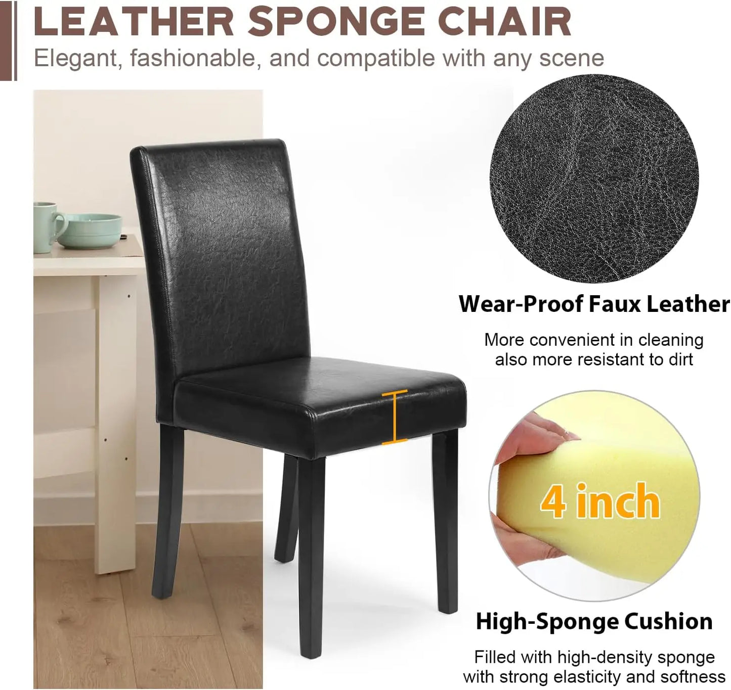 4pcs Black Modern Wood Dining Chairs Set w/ PU Leather Upholstered Soft Foam Cushions