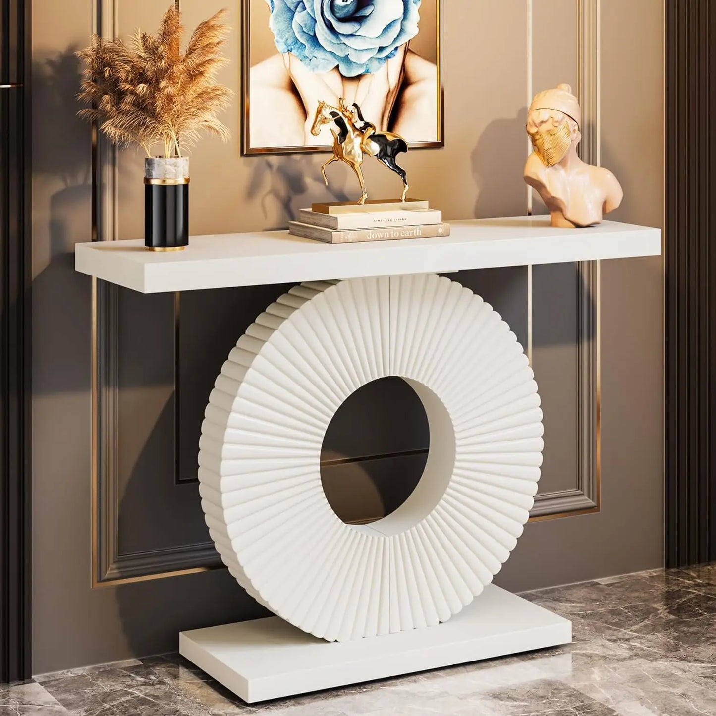 TONGYUE Modern Black Thick Wood Top Narrow Long Entryway Geometric Round Flower Face Shaped Base Curved Lines Accents Console Tables/Colors-Black/White/Gray