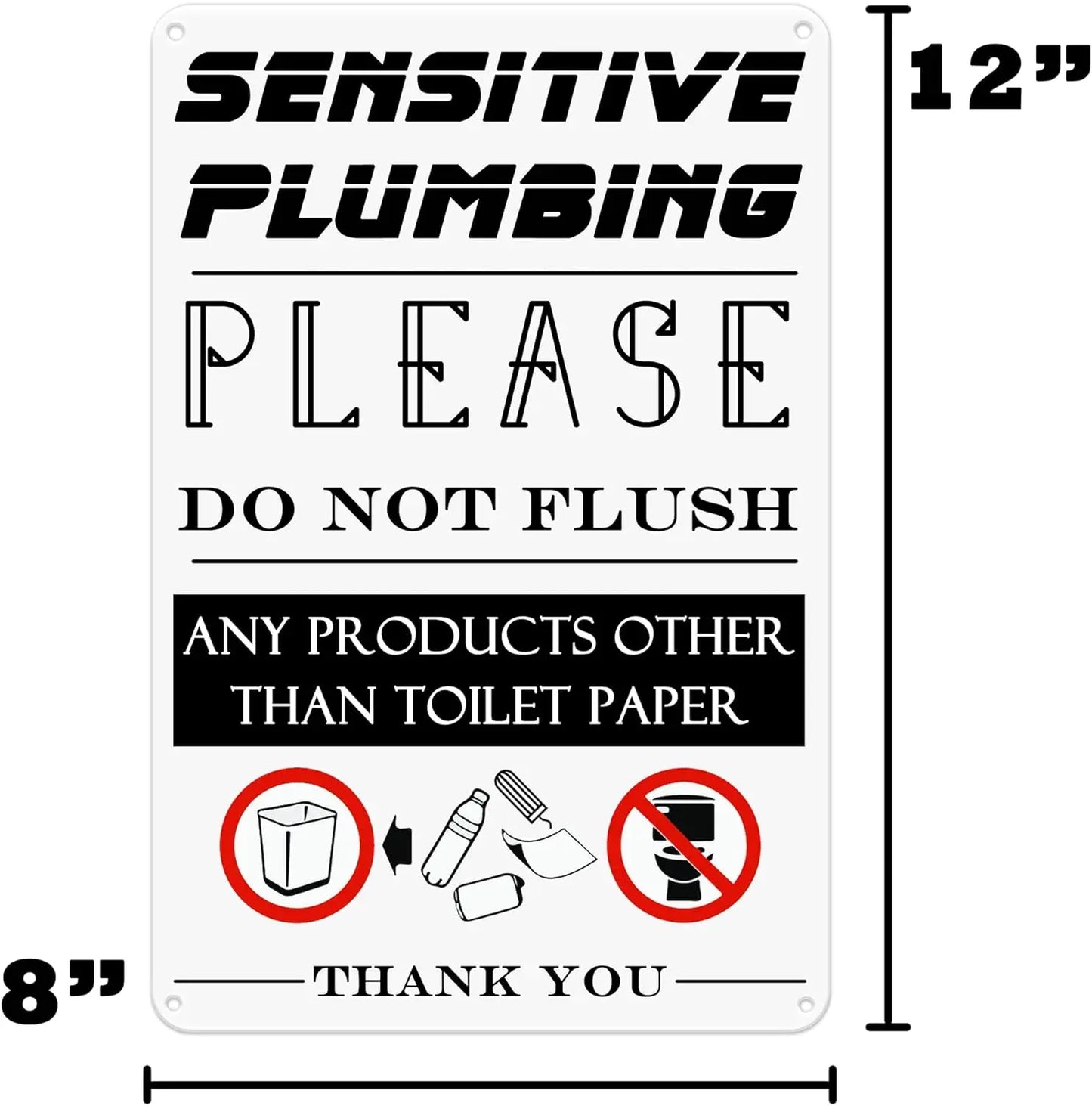 No-EN-Name-Null Waterproof Rust-Proof Round Corners White-Black-Red Rectangle Funny Saying Sensitive Plumbing-Please Do Not Flush-Any Products Other Than Toilet Paper-Thank You-Bathroom Tin Metal Novelty Signs