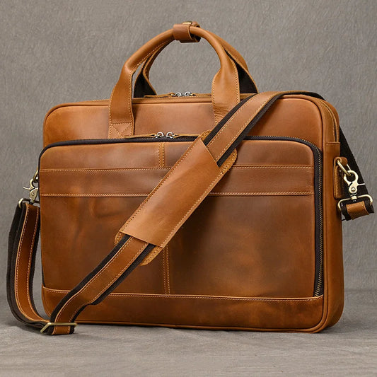 Men Real Cow Leather Briefcase Laptop Bags/ Fits 15.6 Inch Laptop/Handle-Shoulder Strap/Laptop Compartment/External Pockets/Colors-Black/Brown