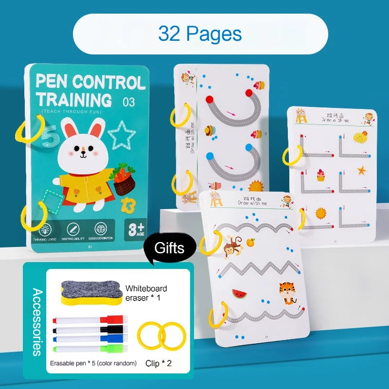 BORRENCE Kids Four Themes Plastic Early Education Fun Magical Pen Control Exercise Practice Tracing Reusable Interactive Reading Geometric Multicolor Cardboard Copybooks Reading Toys /Ages: 3 Years Old-Older