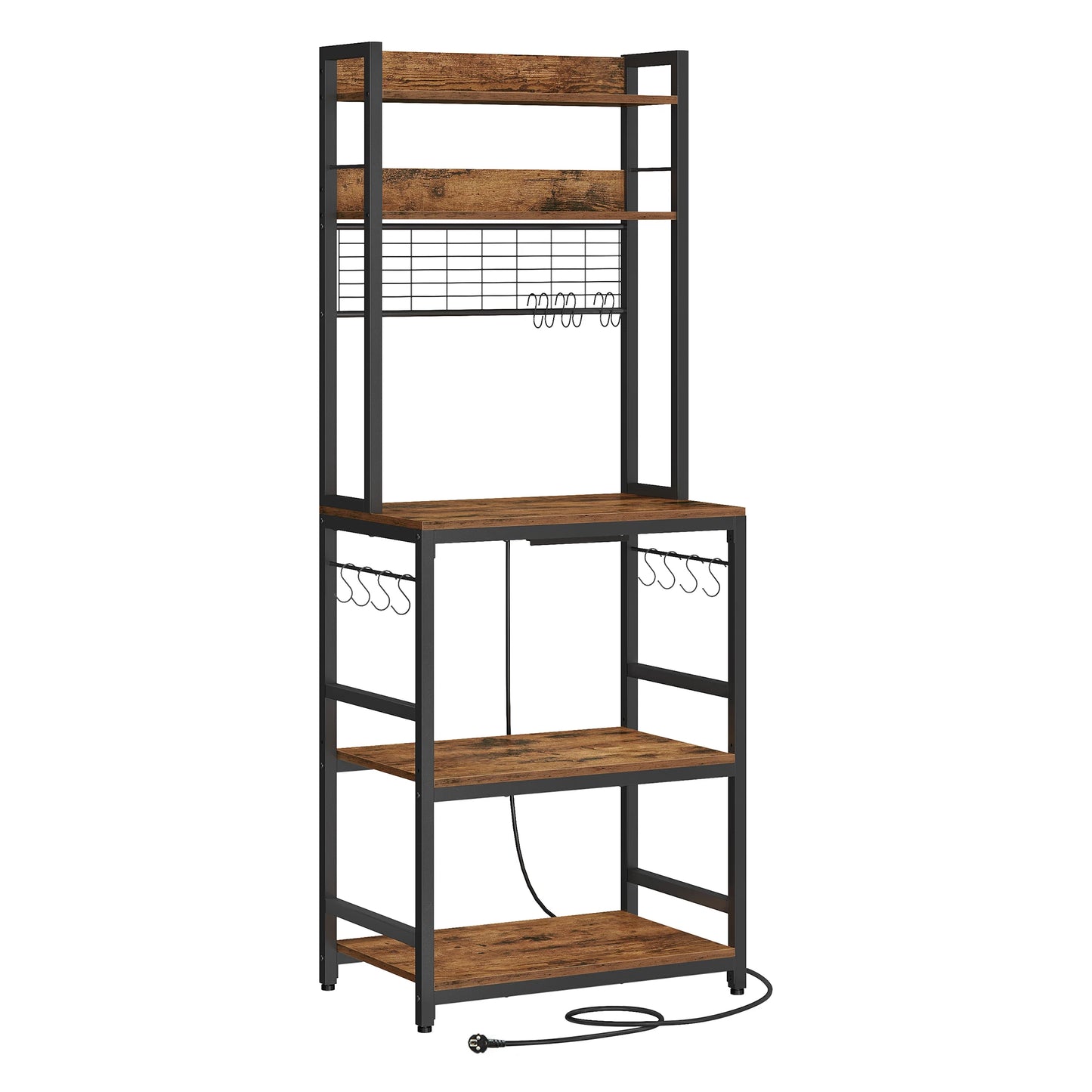 VASAGLE Kitchen-Dining Room Free-Standing Steel Metal Framed Pressed MDF Wood Storage Shelves Microwave Cabinets /Mesh Panel/ 14 Hooks /Colors-Brown/White/Black