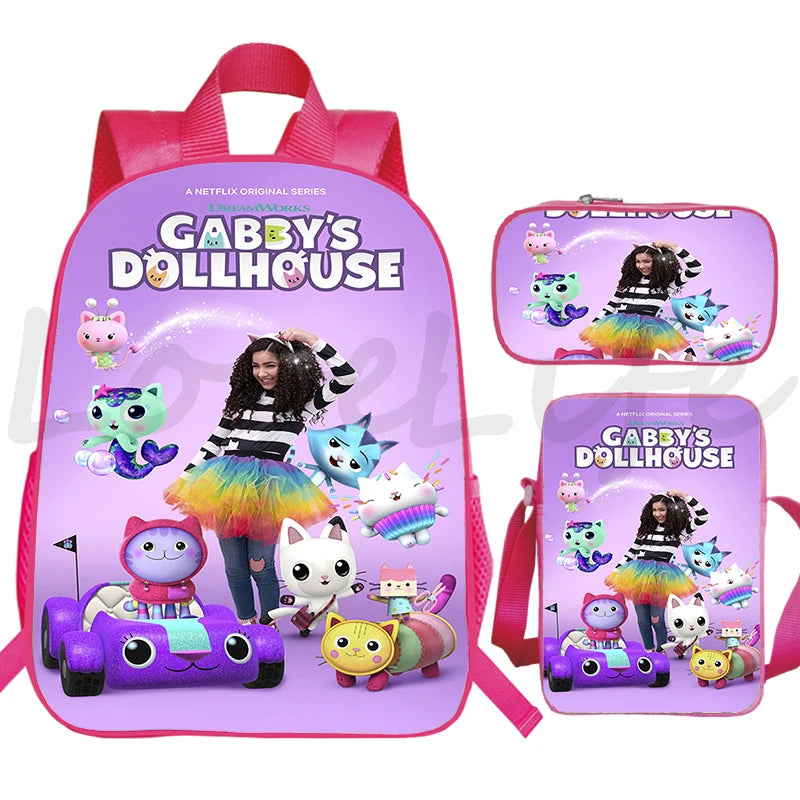JUNBIE Kids Waterproof Pink Nylon Fabric Cute Cartoon Gabby's Dollhouse Design Zippers Curve Back Shoulder Straps-Handle Built-In Laptop Compartment External Pockets Backpacks/Colors-Pink/Multicolor