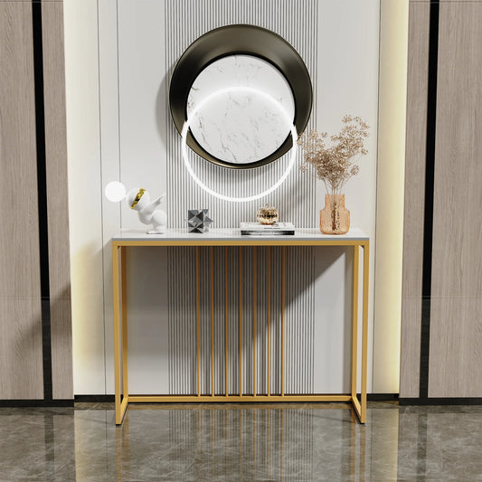 BINGOPAW Modern Nordic Rectangle Shaped Narrow Sintered White Marble Top-Gold Metal Frame Entryway Console Tables/Colors-White Tops/Gold-Black Metal Frame/Size: 39.4 x11.8 x30.9 Inch