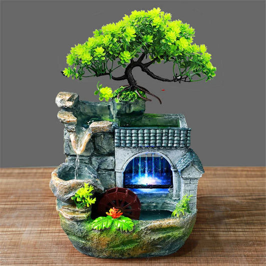 Waterfall Fountain Indoor Home Decor Feng Shui Desktop Small Rockery Simulation Tree Resin Ornaments Crafts with Led Light Gifts