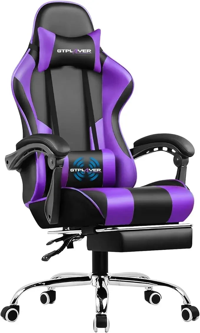 XMSJ Ergonomic Upholstered Padded Black Faux Leather Adjustable Headrest Neck-Back Massaging Lumbar Support Metal Frame Gaming Chairs/5 Plastic Wheels/Colors-Black/Purple/Gray/White/Multicolor