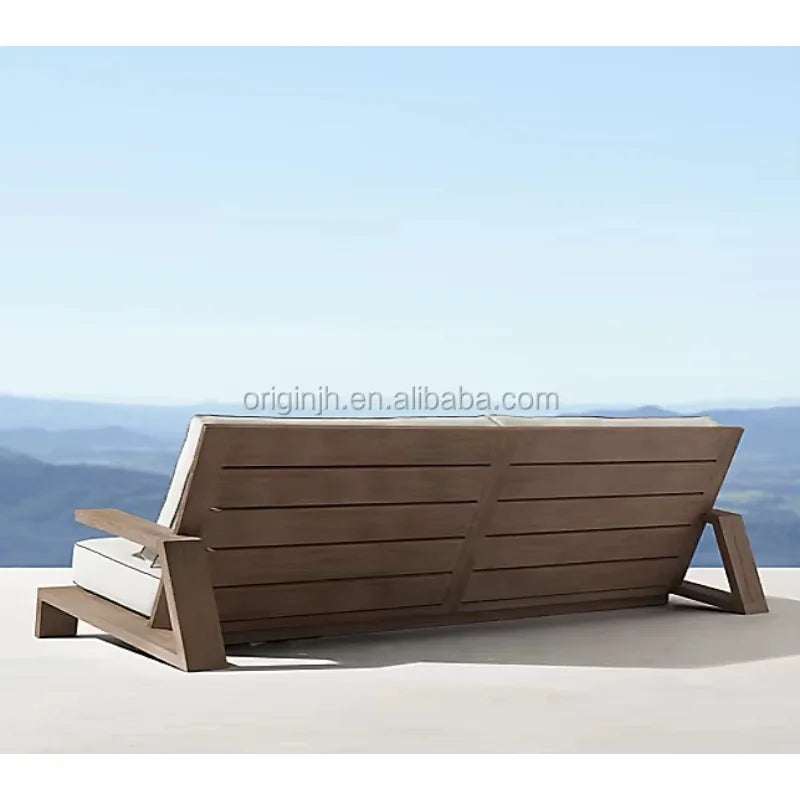 NALLONHU Outdoor Waterproof All-Weather Removable Quick-Dry Synthetic White Fabric Foam Cushion Slipcover UV Protection Brown Myanmar Teak Wood Frame Sofas-Rectangle Shaped Coffee Table Sets/Colors-Brown/White