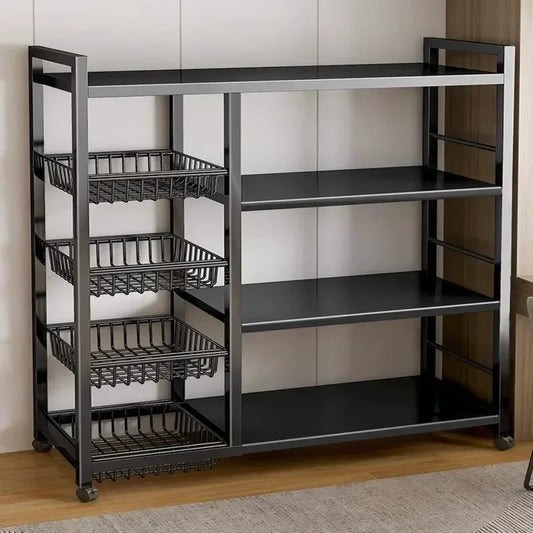Kitchen Black-Brown Color Adjustable Height Pine Wood-Metal Storage Rack Movable Carts/360° Rotating Wheels