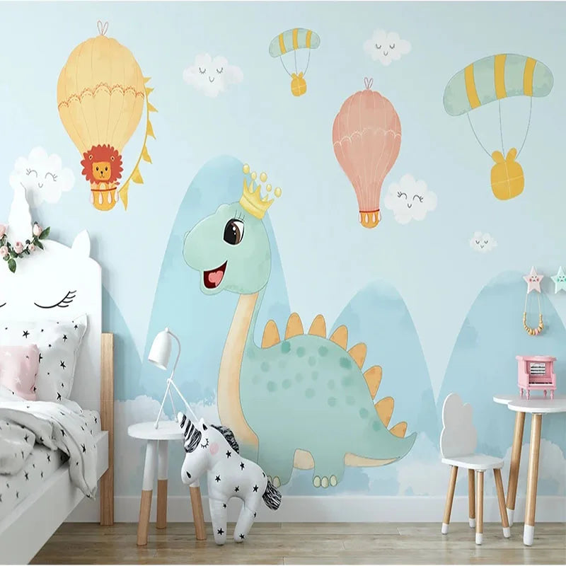 JIADOU Kids Modern Custom Waterproof Non-Toxic Non-Adhesive-Woven Printed 3D Fabric Mural Cute Cartoon Blue Dinosaur-Hot Air Balloon Textile Wallpapers/Requires Paste/Colors-Blue/Multicolor