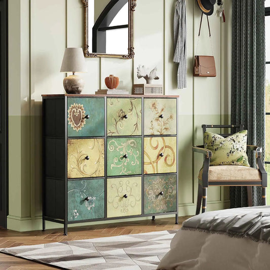 No-EN-Name-Null Antique Style 3-Tier Design Wood Top Nine Large Multicolor Floral Fabric Drawers Steel Metal Frame Dressers/Colors-Multicolor/Black/Floral/Green