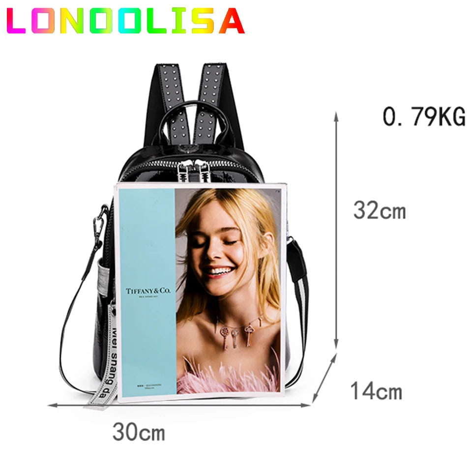 LONOOLISA Women Large Black-White Faux Leather Letter Sequins Logo On Front  Design Built-In Laptop Compartment Polyester Lining Shoulder Straps-Handle External Pockets Double Zippers Backpacks/Interior Slit Pocket/Interior Zipper Pocket