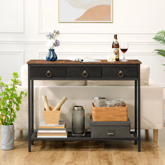 No-EN-Name-Null HOOBRO Antique Rustic Brown Rosewood Top Rectangle Shaped Black Metal Frame Narrow Entryway Console Tables/ 2 Drawers/ 2 Shelves