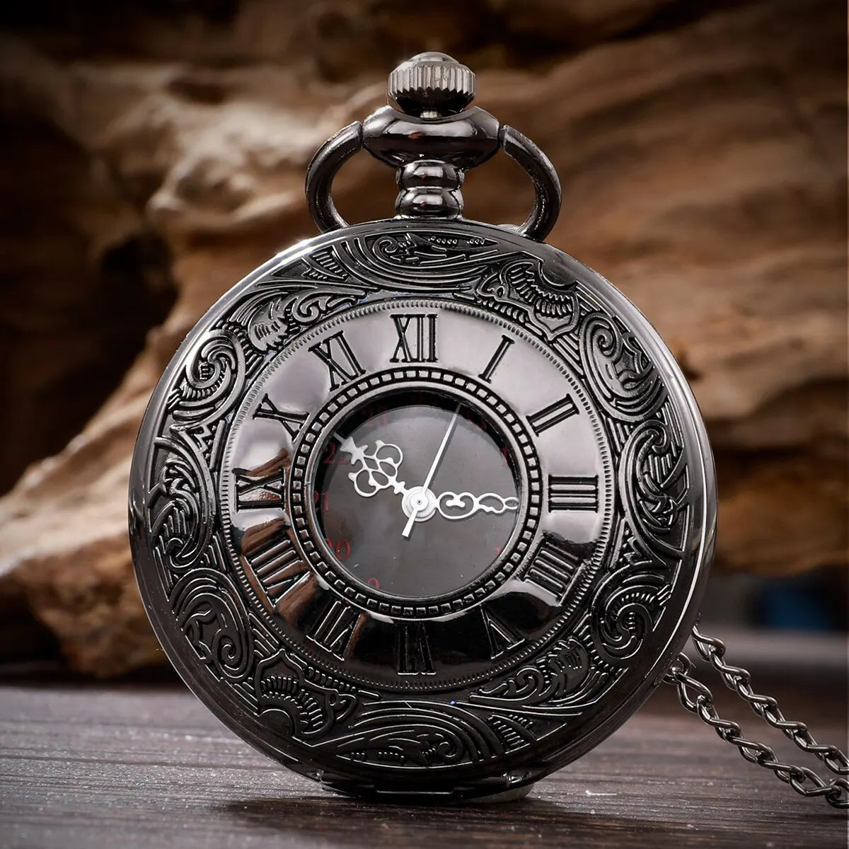 Adults Waterproof Antique Quartz Hallow-Out Black Steampunk Round Shaped Glass Face Stainless Steel Metal Alloy Roman Numeral Chain-Pocket Watches/Colors-Silver/Black/Gold