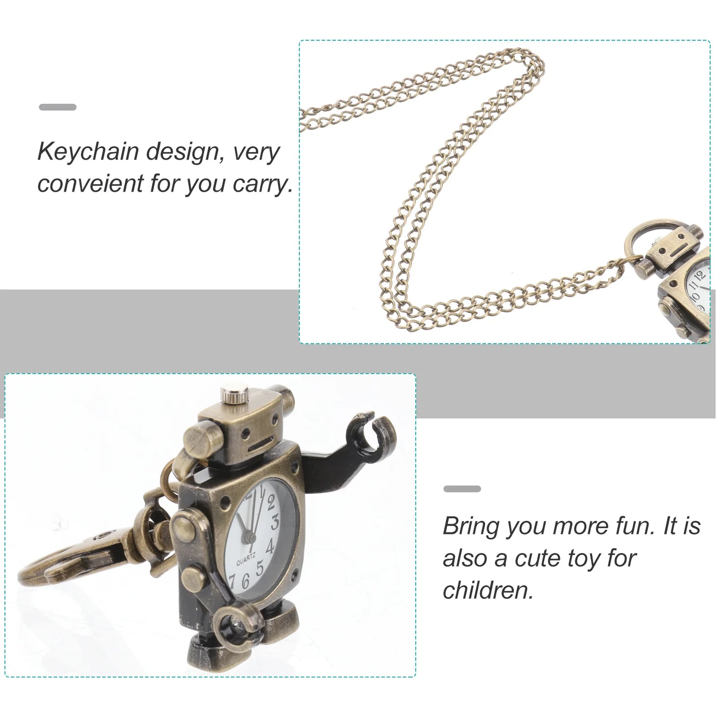 No-EN-Name-Null Adults Digital Movement Analog Display Bronze Metal White Face Black Numbers Cute Buckle Robot Shaped Hanging Keychain Watches/Colors-Bronze/White/Brown