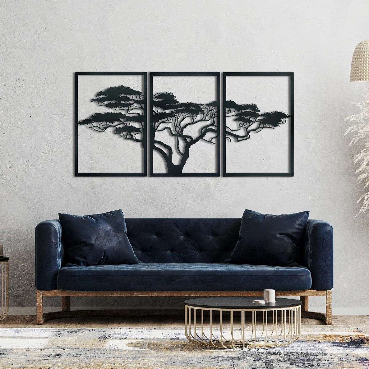 HELLOYOUNG Modern Black-Brown Iron Metal Three-Panel Realistic Natural Trees Art Plaques/Size: 36.61 x 14.41 inches