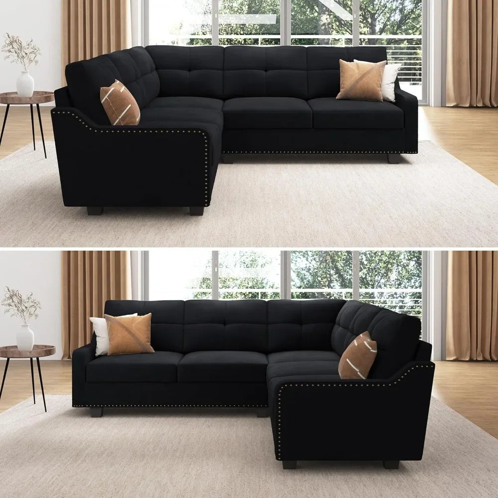 No-EN-Name-Null Modern Medium Firmness L-Shaped Wood Framed Sectional Soft Plush Velvet Fabric Cushions Sofas/Colors-Black/Dark Blue/Dark Gray/Size: (D x W x H): 82.7 x 82.7x 36.2 inches/Weight Capacity: 1,488 lbs
