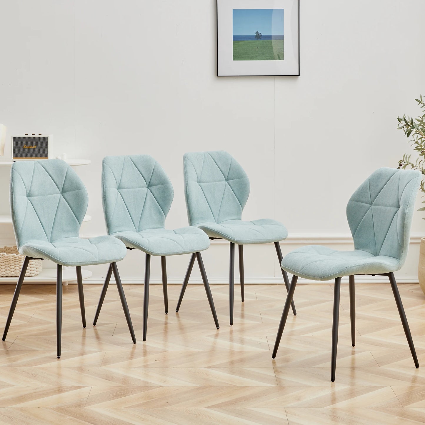 EGOONM Modern Black Upholstered Padded Linen Fabric Metal Legs-Feet 4 Kitchen-Dining Room Chairs/Dimensions: L 42cm x W 48cm x H 86cm/Colors-Black/Blue/Beige/Gray