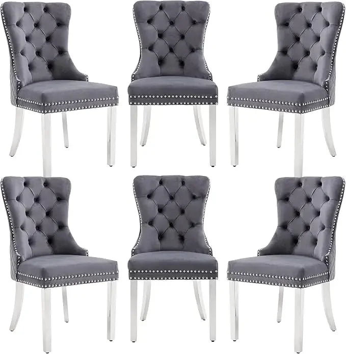 6pcs/ Upholstered Velvet Kitchen Dining Set/ Tufted Legs/ Nail-Head Trim/Colors-White/Blue/Gray/Black