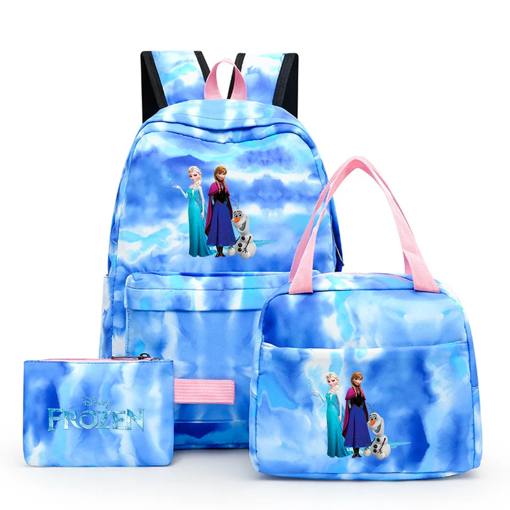 Disney Kids Cute Cartoon Frozen Movie-Elsa-Anna Multicolor Large Waterproof Nylon Fabric Zipper Pockets Shoulder Straps-Handle Single Compartment School Backpacks Sets/ Lunch Bag/Pencil Bag/Colors-Pink/Blue/Multicolor