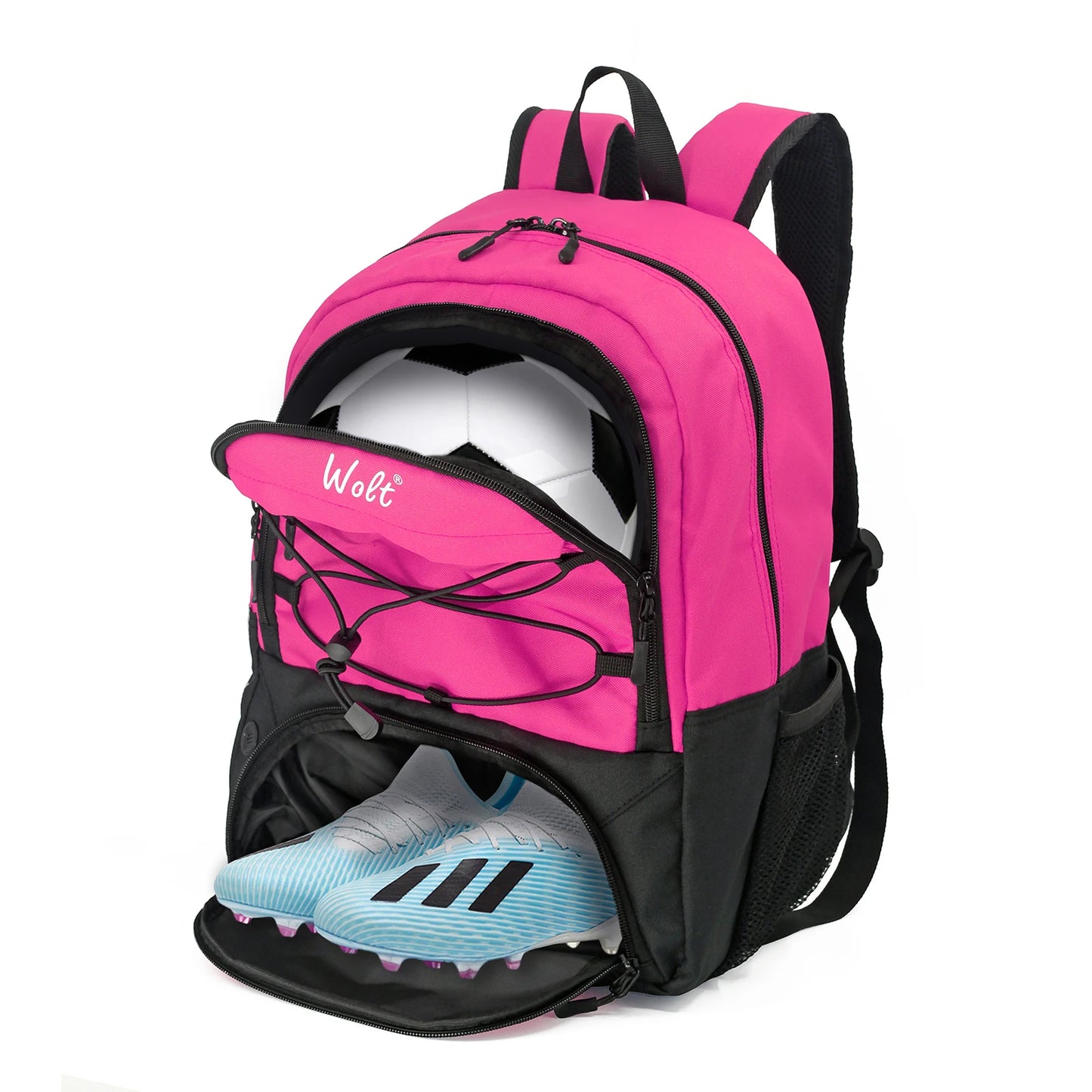 WOLT Young Adults Large Softback Black Polyester Fabric Shoulder Straps-Handle Built-In 16 Inch Padded Laptop Compartment Zipper Front External Pockets Sports Soccer School Backpacks/Colors-Black/Gray/Red/Pink/Blue