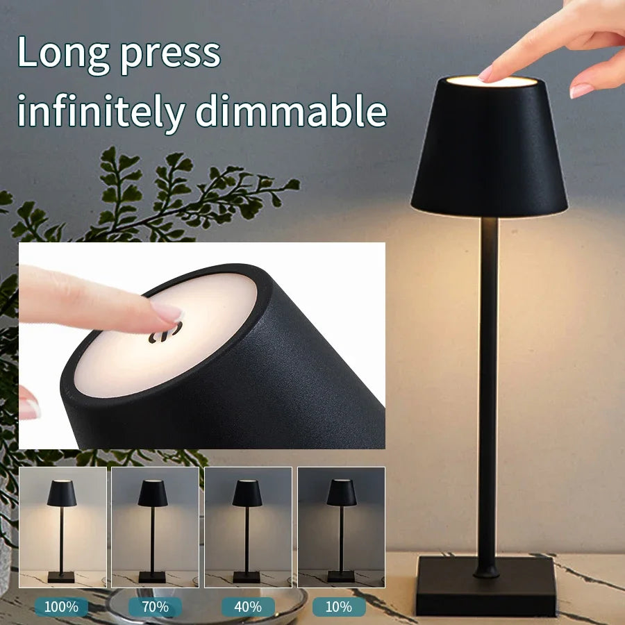 ATCOMM Waterproof Tricolor Stepless Dimming Warm-Cool White LED Lights Black-White Downward ABS Plastic Shade Round Tubular Cylindrical Square Flat Metal Base USB Charging Port Built-In Rechargeable Battery Adjustable Desktop Lamps
