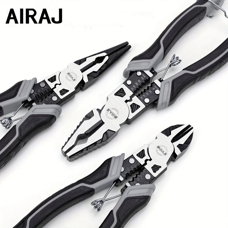 3 PCS Set AIRAJ DIY Electrical Straight Plastic Black-Gray-White Coated Handle Silver Chrome-Plated Steel-9 Inch Steel Wire Cutter-9 Inch Pointed Needle Nose-8 Inch Diagonal Cutting Pliers