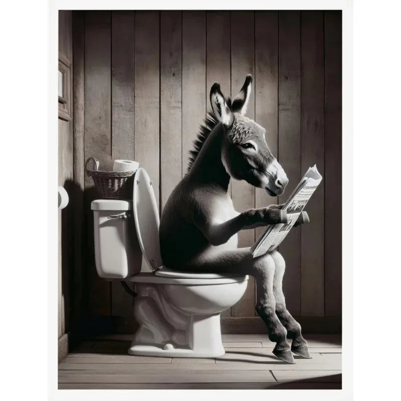No-EN-Name-Null Modern Waterproof Handprinted Unframed Canvas Rectangle Shaped Abstract Funny Humorous Animals Bathroom Human-Like Sitting On The Toilet Wall Art Prints /Colors-White/Multicolor/Animals/Gray