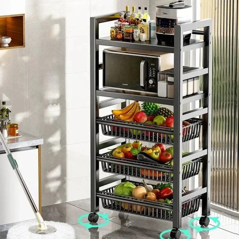 Kitchen Black-Brown Color Adjustable Height Pine Wood-Metal Storage Rack Movable Carts/360° Rotating Wheels
