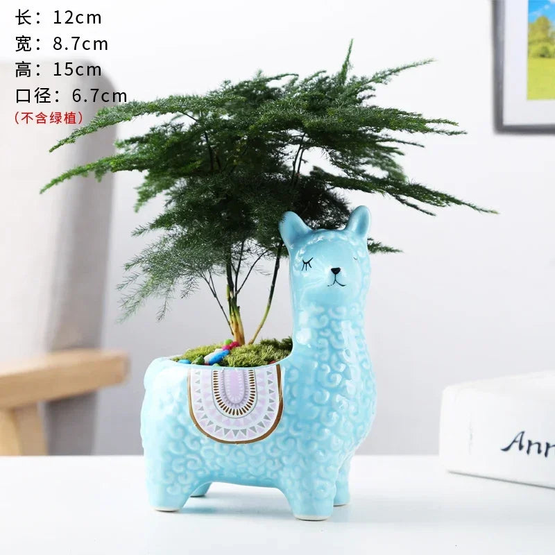 No-EN-Name-Null Home Garden Unglazed Ceramic Blue Cute Cartoon Alpaca-Owls Animal Mini Succulent Desktop Flower Pots Planters /Colors-Red/White/Blue/Gold/Animals