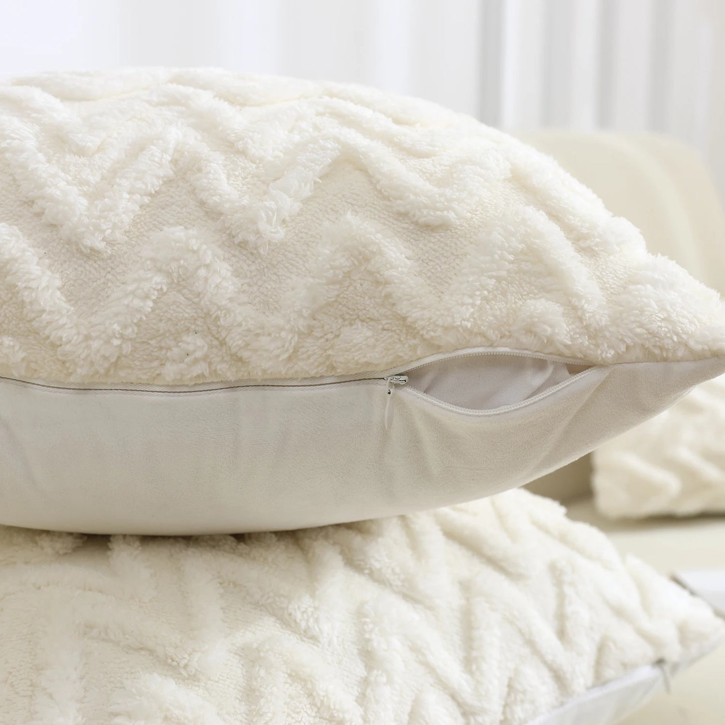 Geometric Polyester White Jacquard Square Plush Throw Pillows