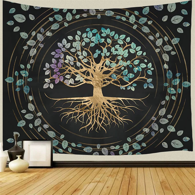 Black Background Polyester Nature Mysterious Garden Of Eden Green Tree of Life Forest-Sun-Beige Moon Spiritual Wall Hanging Tapestries/Colors-Green/Black/Beige