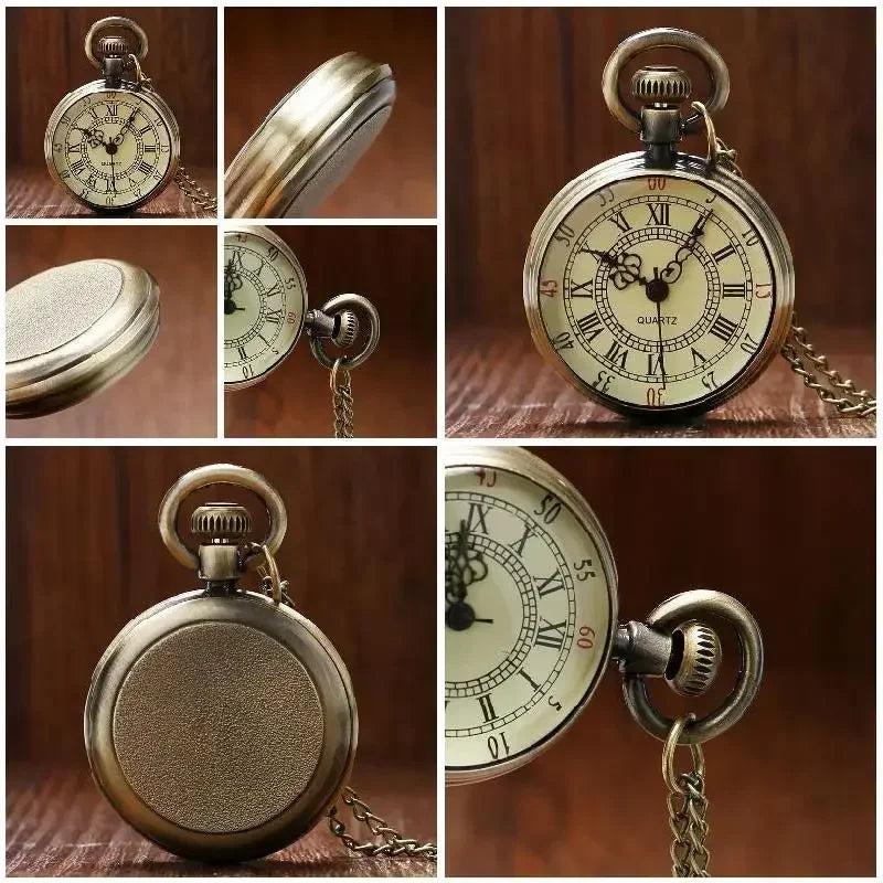 No-EN-Name-Null Antique Grey Quartz Bronze Round Roman Numeral Analog Display Glass Face Metal Alloy Case Necklace Chain-Pocket Watches