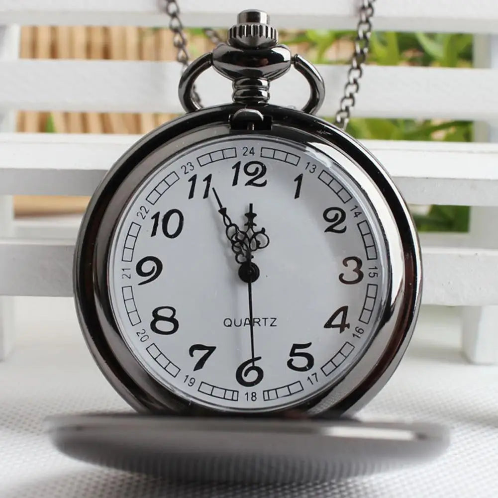 SANWOOD Adults Vintage Quartz Movement Analog Display Plastic Window Black-Silver-Gold Round Shaped Case Flip-Out Metal Chain-Pocket Watches/Colors-Black/Gold/Silver