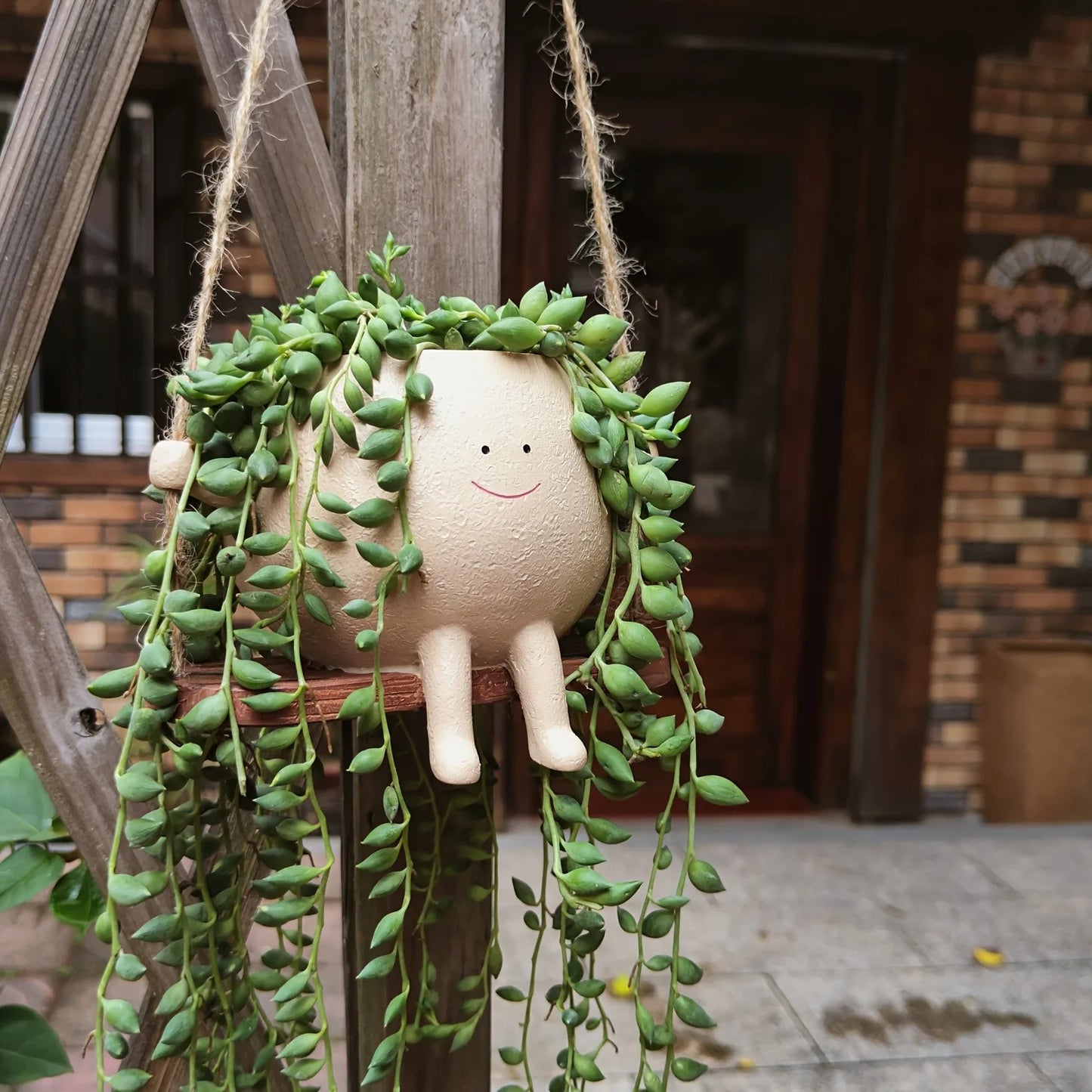 No-EN-Name-Null Round Beige Resin Smiling Face Succulent Suspended Striped Wood Swing Hanging Planters