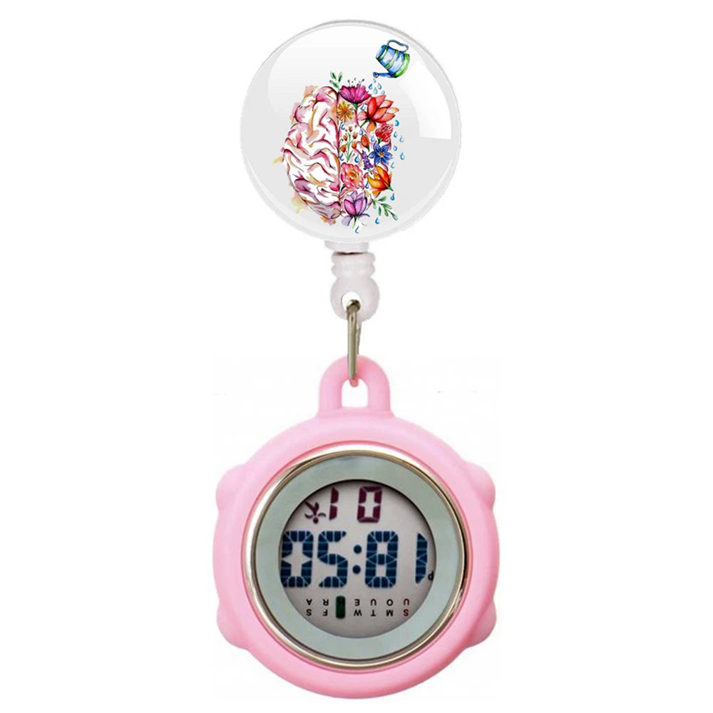 No-EN-Name-Null Waterproof Black Plastic Round Cover Glass Face Digital Display Retractable Printed Floral Anatomical Designs Nurse-Doctor Hanging Metal Alloy Fob Pocket Watches/Colors-Black/White/Pink/Blue
