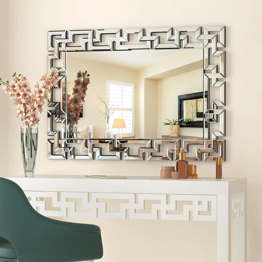 Large Rectangle Silver Modern Glass Geometric Frameless Mirrors/MDF Board Back Panel/Built-In Hooks On Back/Hardware/Dimension: (L x W x H)100x70cm/ 39.4x27.6 inch
