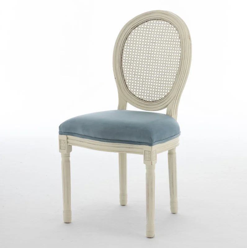 Vintage Solid Wood Armless Rattan Upholstered Mesh French Style Round Backrest Faux Leather Cushion Dining Chairs/Colors-Brown/Beige/Blue