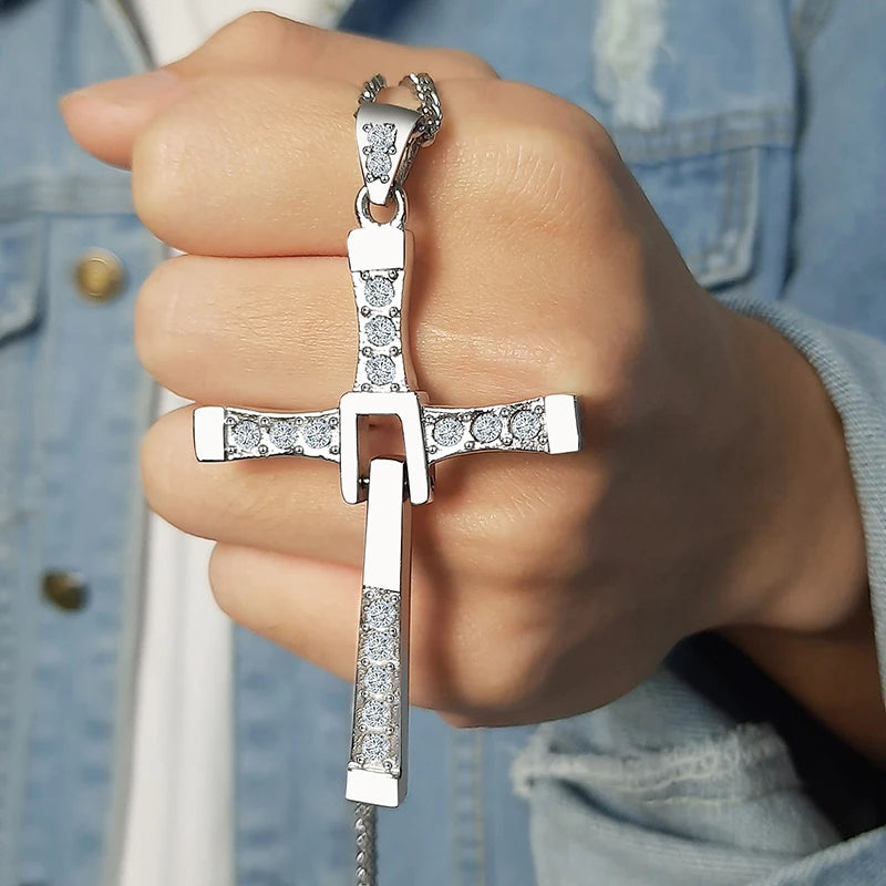 MEAEGUET Adult Unisex Fine Imitation Three Layer Silver-Plated Stainless Steel Silver-Black-Gold Colored Metal Clear White Shiny Cubic Zirconia Diamond-Like Gemstones Cross Pendant Chain Necklaces