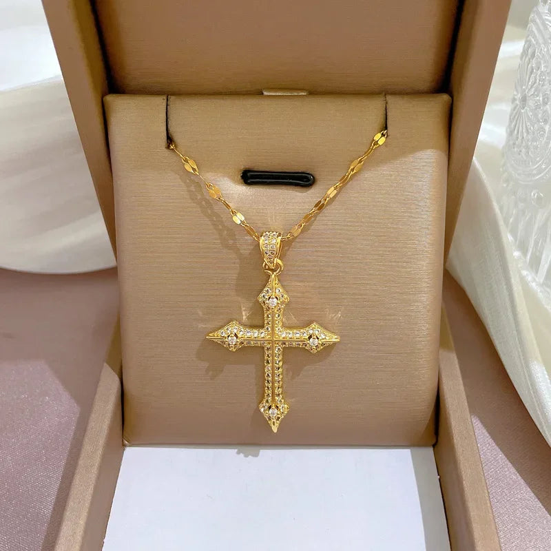 No-EN-Name-Null Women Fine Imitation Stainless Steel Metal Gold-Plated Clear White Shiny Crystal Cubic Zirconia Diamond Accents Stones Hollow Out Cross Pendant Necklaces/Colors-Gold/Silver/Clear/White/Pink/Green