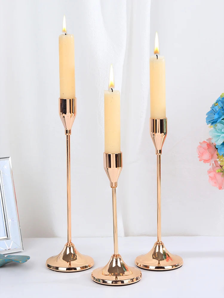 No-EN-Name-Null 3 PCS European Modern Gold Metal Round Stick Candle Holders Sets /Colors-Gold/Rose Gold/Silver/Black