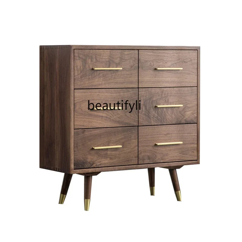 No-EN-Name-Null Free-Standing Brown Solid Walnut Wood Six Drawers Sideboard Storage Chests/ Black Walnut Copper Legs
