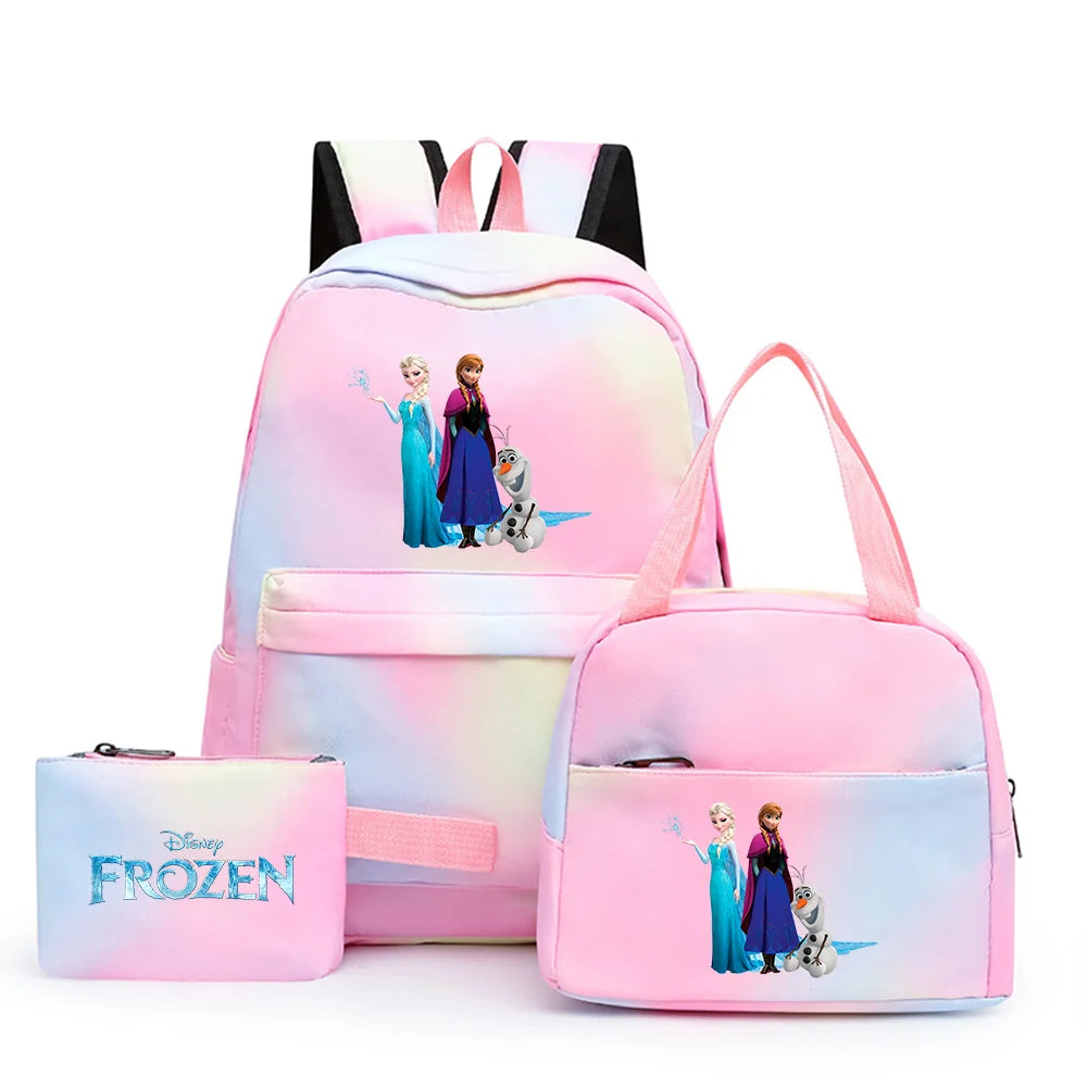 Disney Kids Cute Cartoon Frozen Movie-Elsa-Anna Multicolor Large Waterproof Nylon Fabric Zipper Pockets Shoulder Straps-Handle Single Compartment School Backpacks Sets/ Lunch Bag/Pencil Bag/Colors-Pink/Blue/Multicolor