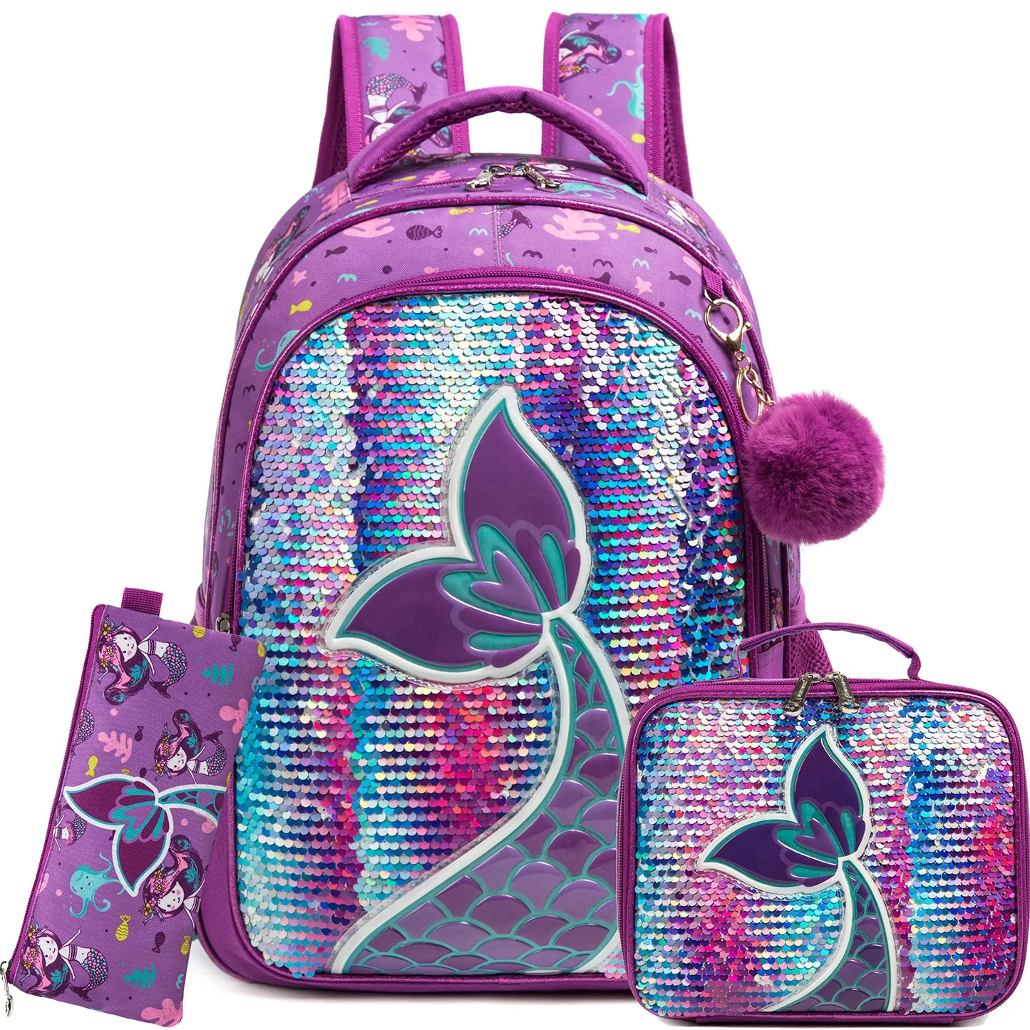 MEETBELIFY Kids Softback Lightweight Waterproof Pink-Purple Nylon Fabric Lightweight Glitter Sequin Zippers Shoulder Straps-Handle Polyester Lining Laptop Compartment Internal-External Pockets School Backpacks/Lunch Box/Pencil Case/Water Bottle Holder