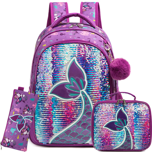 MEETBELIFY Kids Softback Lightweight Waterproof Pink-Purple Nylon Fabric Lightweight Glitter Sequin Zippers Shoulder Straps-Handle Polyester Lining Laptop Compartment Internal-External Pockets School Backpacks/Lunch Box/Pencil Case/Water Bottle Holder