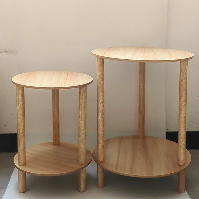 No-EN-Name-Null Modern 2-Tier Natural Log Wood White Round Shaped Nightstands/Colors-Natural Log Color-White