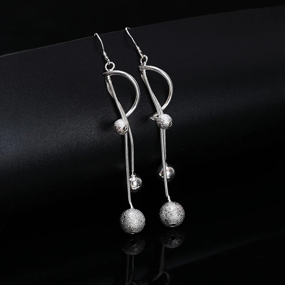 GAABOU Adult Women Fine Imitation Sterling Silver Metal Ball-Shaped Long Hanging Tassel Drop Dangle Earrings