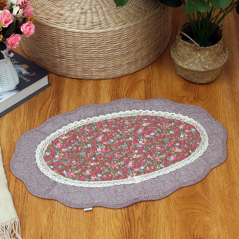 No-EN-Name-Null Indoor Non-Toxic Waterproof Fade Resistant Cotton Fabric Quilted Patchwork Floral Design Hand-Knotted Flatweave Anti-Slip Base Oval Floor Mats-Rugs/Hand-Machine Wash/Colors-Floral/Dots/Striped/Checkered/Multicolor