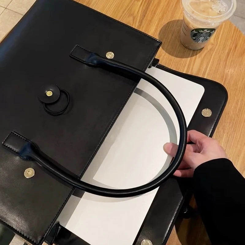 GZGUANDA Women Black Large Hasp Closure Soft Faux Leather Polyester Lining Engraved Letter Initials Built-In 15 Inch Computer Interlayer Pocket Two Shoulder Handles Straps Business Briefcases